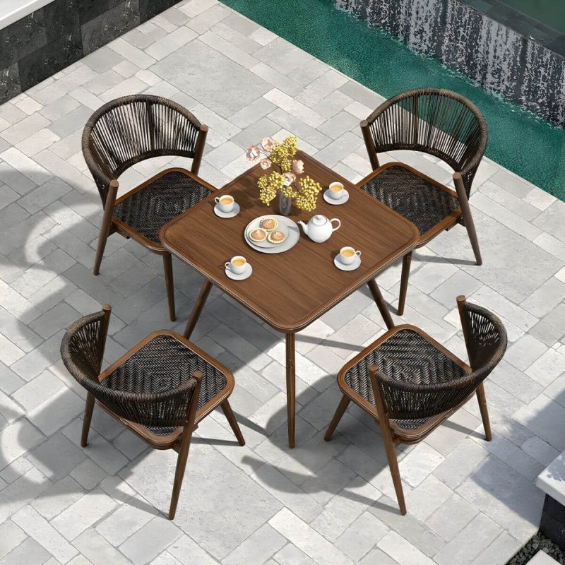 "Mid-Century Modern Metal Patio Dining Set with Non-Upholstered Wicker Chairs - Table & 4 Chairs 31.5"L x 31.5"W x 28.3"H Nut-Brown"