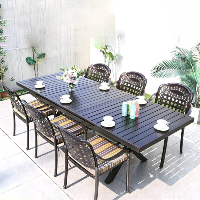 "Modern Brown Patio Dining Set with Upholstered Chairs and Weatherproof Metal Frame - Table & Chair(s) 94.5"L x 35.4"W x 29.5"H 6"