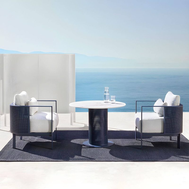 "Modern Gold Metal Arm Chair for Patio Dining with Rust Resistant Features and Brown Upholstery - Brown 8 Piece Set"