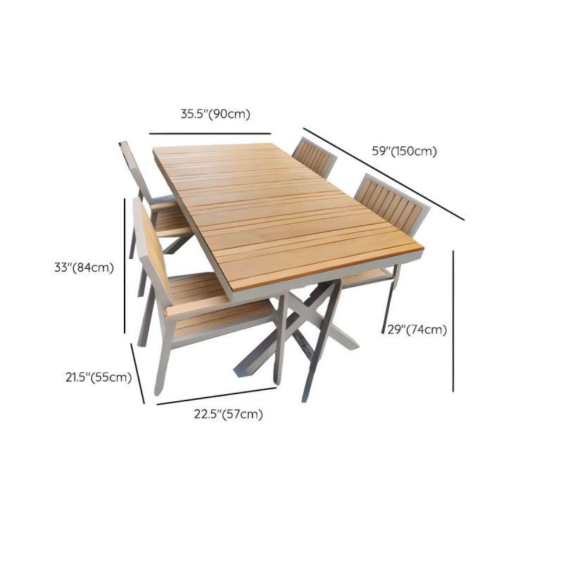 "Dimension of Brown Metal Wood 5-Piece Patio Dining Set with Rectangular Table and 4 Chairs - Natural Finish Table & 4 Chairs 59.1"L x 35.4"W x 29.1"H Rectangular"
