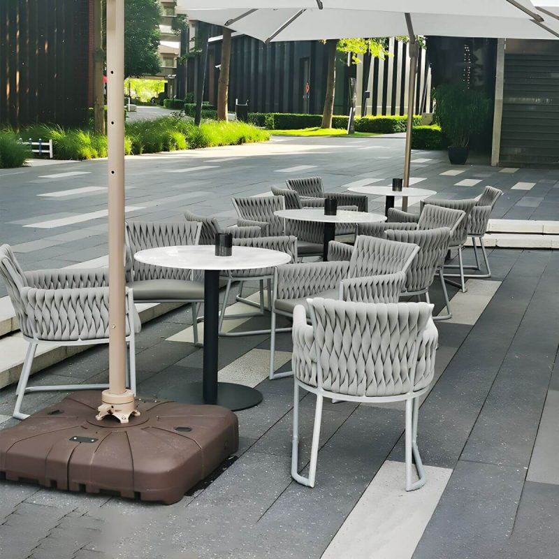"Stone Patio Dining Table Set Metal Black Legs with Gray Cushion and Woven Chair Back - Table 19.7"L x 19.7"W x 19.7"H"