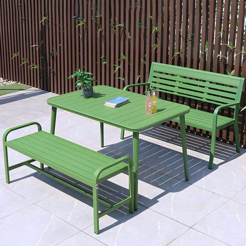 "Sleek Metal Outdoor Dining Set Rectangular Table with 2 Stylish Benches - Table & 2 Benches 59"L x 35"W x 29"H Green"
