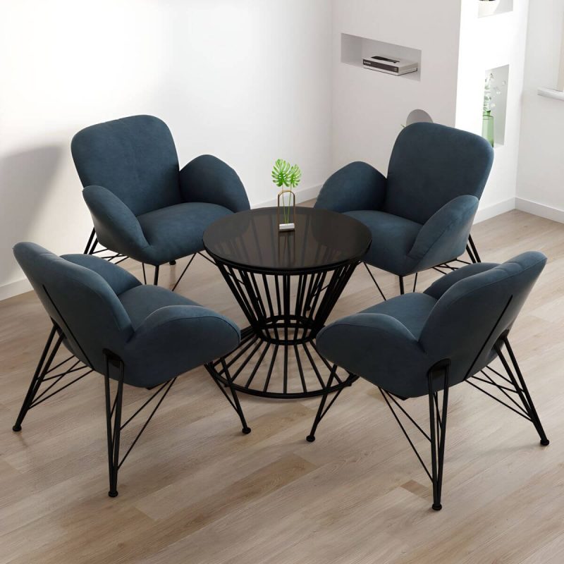 "Contemporary Outdoor Dining Table Furniture Set with Black Round Top for Courtyard - Table & Chair(s) 4 Blue"