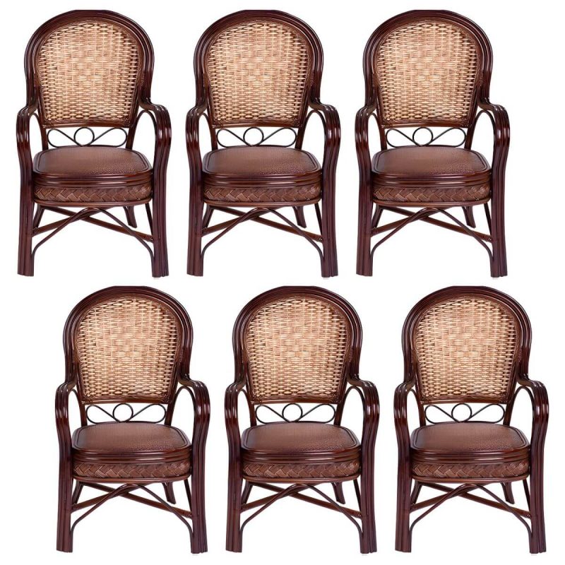 "Traditional 40.55" Height Solid Color Rattan Outdoor Dining Armchair - Burgundy 6 Piece Set"