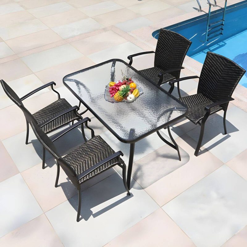 "Contemporary Glass Dining Table Set with Black Woven Chairs for Courtyard - Table & Chair(s) 31.5"L x 31.5"W x 28.3"H 4 Clear"