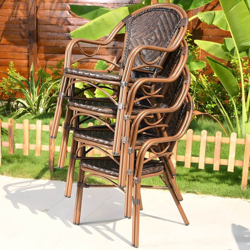"Contemporary Brown Dining Table Set 2 Woven Chairs for Courtyard - Table & Chair(s) 2 Brown"