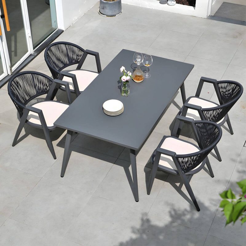 "Contemporary Gray 11-Piece Weatherproof Patio Dining Set with Gray Wicker Chairs - Table & 4 Chairs 59"L x 35"W x 29"H"