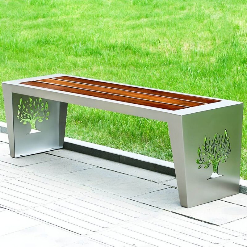 "Modern Garden Bench with Stainless Steel Frame and Waterproof Wood Seating - 59.1"L x 17.7"W x 16.5"H"