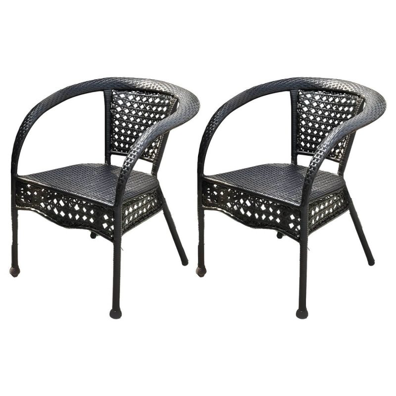 "Modern Stackable Arm Chair with Black Wicker Frame and Back for Outdoor Dining - 2 Piece Set"