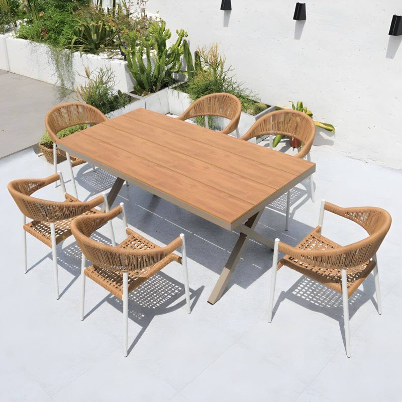 "Weatherproof Outdoor Aluminum Dining Set with Stackable Chairs and Modern Design - Table & Chair(s) 63"L x 35"W x 29"H 4"