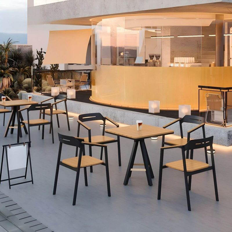 "Contemporary Style Patio Dining Table with Metal Legs for Patio Dining - 27.6"L x 27.6"W x 29.5"H Natural Wood/ Black Table Table Only"