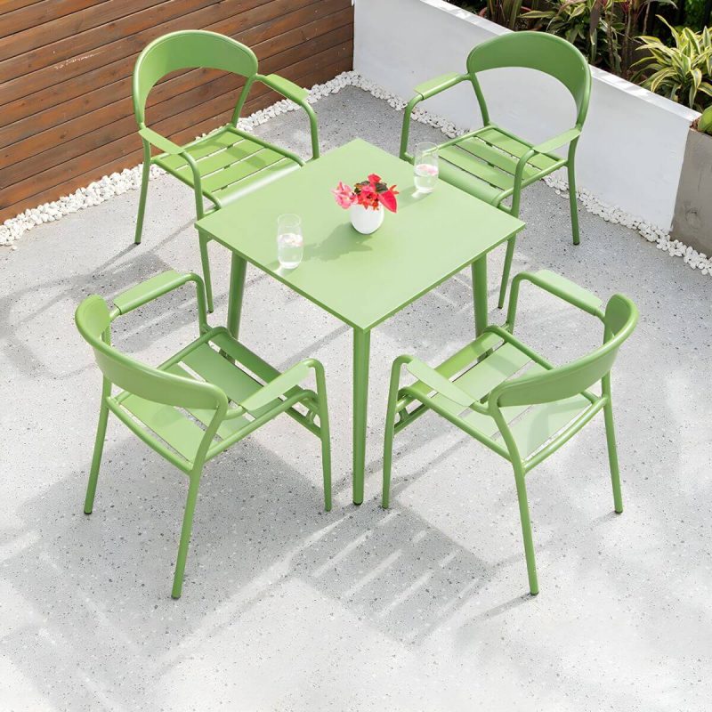 "Contemporary Dining Table Set with Green Metal Top for Courtyard - Table & Chair(s) 28"L x 28"W x 29"H 4"