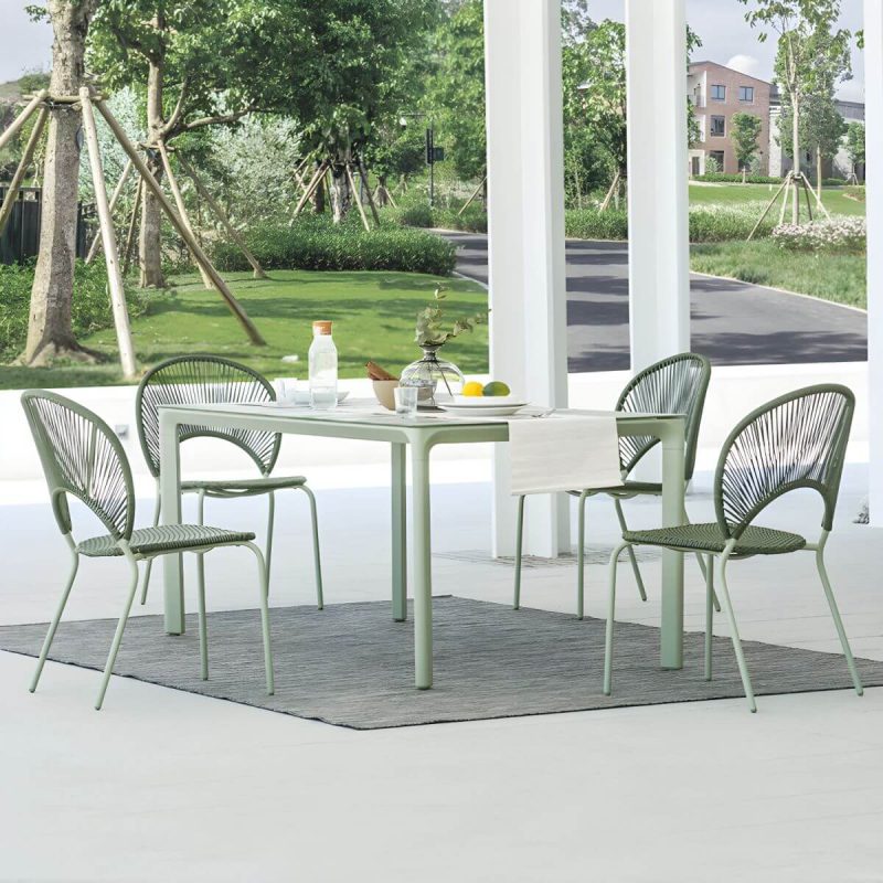 "Contemporary Glass Dining Table Set with 2/4 Woven Chairs in Green - Table & Chair(s) 71"L x 35"W x 29"H 4"