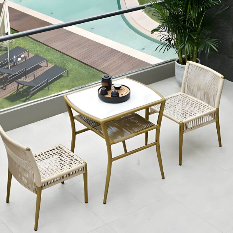 "Contemporary Dining Table Set with 2 Woven Chairs for Courtyard - Table & Chair(s) 2 Wood Color"