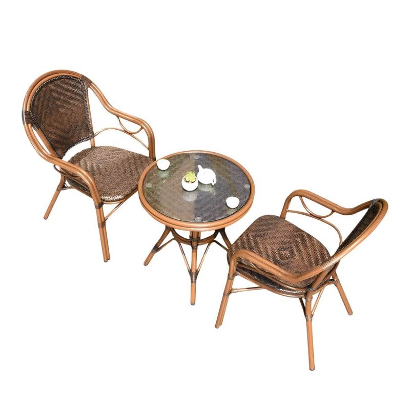 "Contemporary Brown Dining Table Set 2 Woven Chairs for Courtyard - Table & Chair(s) 2 Tan"