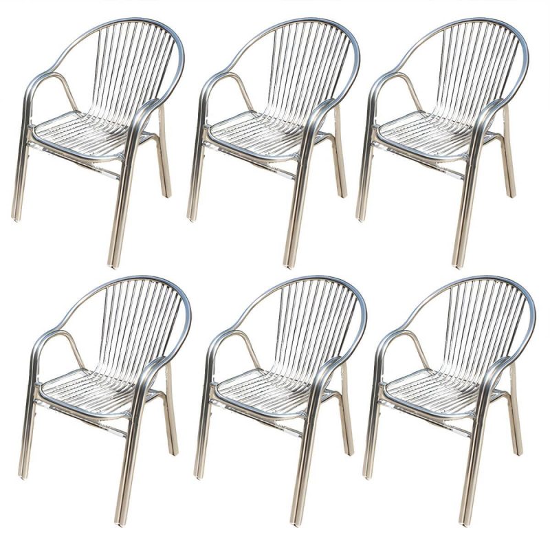"Silver Modern Armchair Metal Stacking Dining Chairs with Arm - Silver 6 Piece Set"
