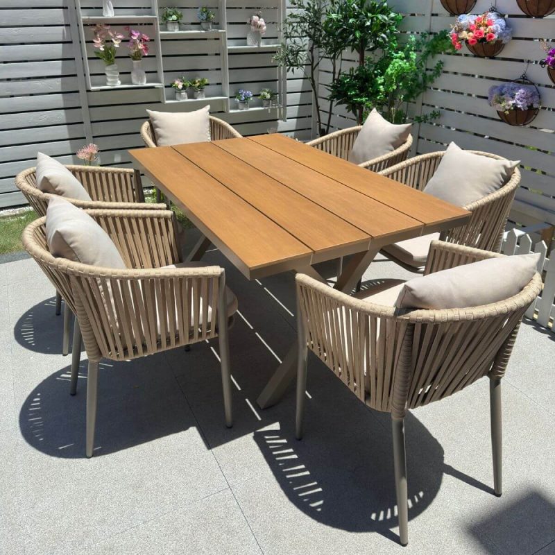 "Casual 7 Piece Set UV-proof Fabric Outdoor Dining Set with Sepia Table, Chair, and Table, 59.1"L x 35.4"W x 29.5"H, Table & 6 Chairs"