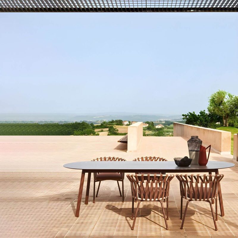 "Contemporary Style Stone Patio Table Oval Shape with Metal Legs in Grey/White - Table Only 94.5"L x 39.4"W x 29.5"H White"
