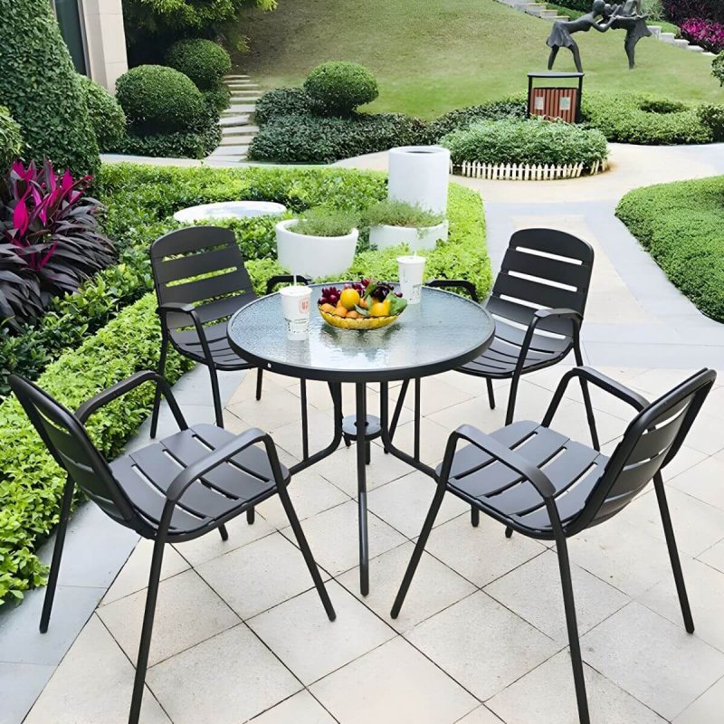 "Modern Black Metal Arm Chair with Stackable Design and Waterproof Durability - 4 Piece Set"