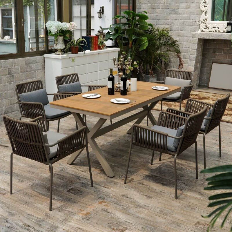 "Brown Wooden Patio Table Contemporary Style in Rectangular Shape - Table Only 79"L x 35"W x 30"H"