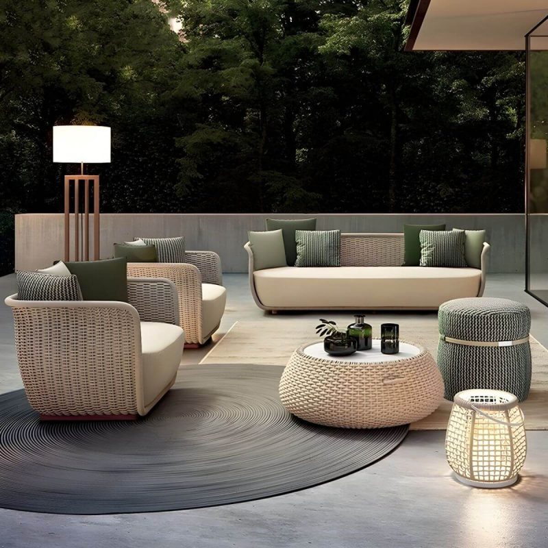 "Waterproof Wicker/Rattan Modern Sofa with Upholstered Cushions and Pillows - Teak Frame - Apricot 2-Seater Sofa"