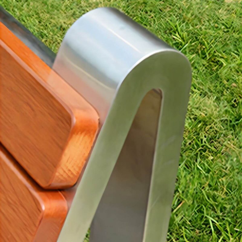 "Stainless Steel Metal Park Bench with Brown Wood Seating and Back - Dark Brown"