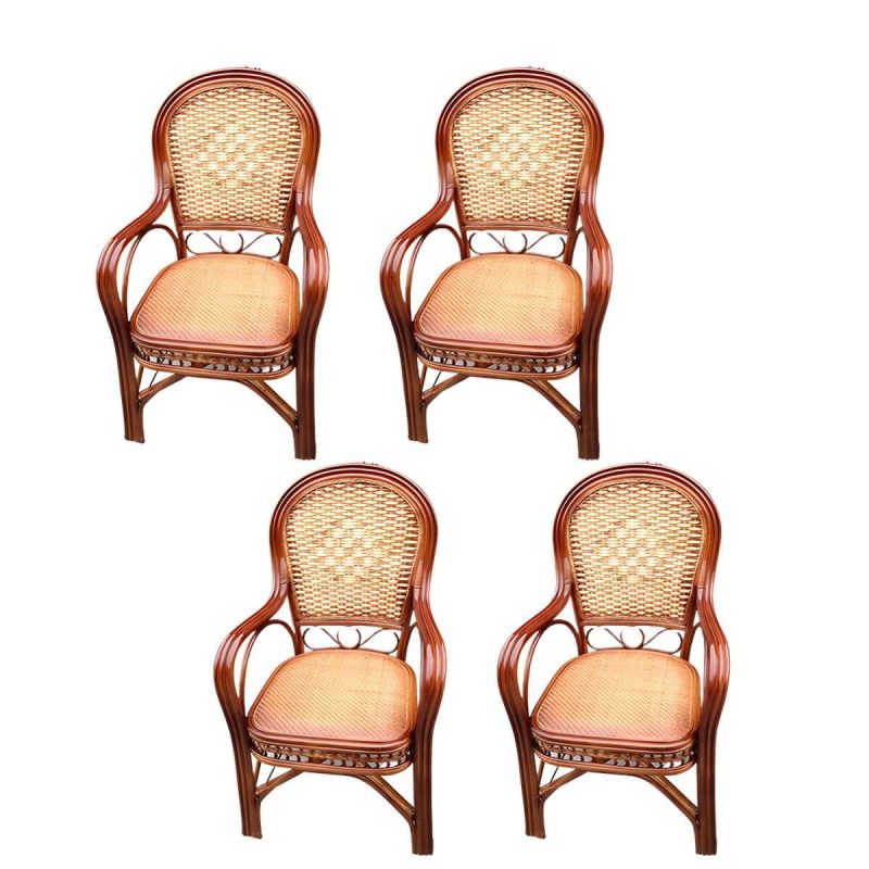 "Traditional Patio Dining Armchair in Rattan Single Outdoor Chair - Coffee Hollow 4 Piece Set"