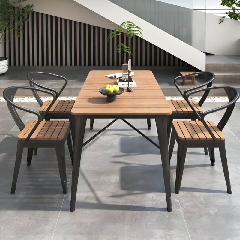 "Contemporary Style Wood Patio Table Rectangle Shape with Metal Legs in White/Black - Table Only 47.2"L x 23.6"W x 29.5"H White"