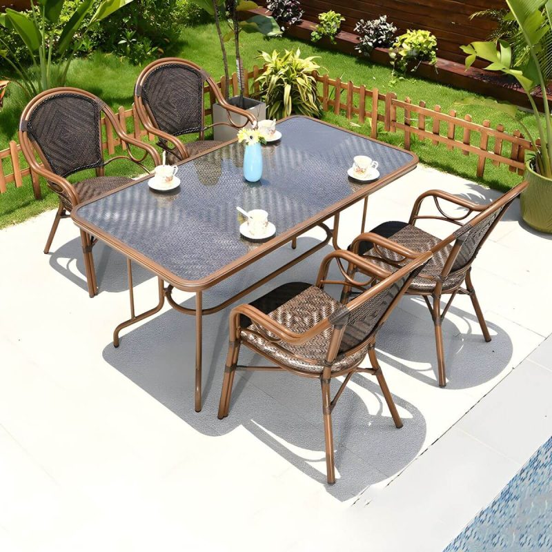 "Contemporary Dining Table Set with Brown Woven Chair for Courtyard - Table & Chair(s) 59"L x 31"W x 29"H 4"