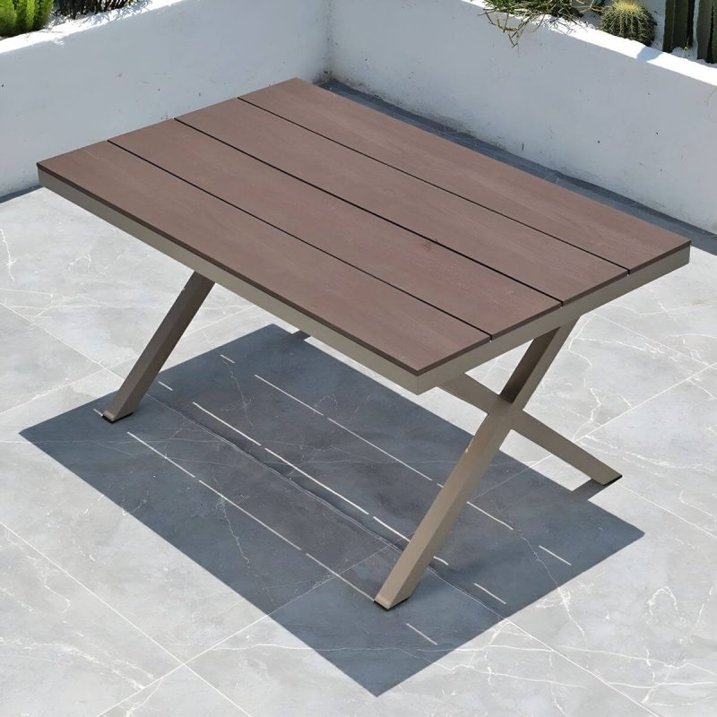 "Modern Wood Patio Dining Table with Aluminum Frame in Gray Color - Table Only 59.1"L x 35.4"W x 29.5"H Brown Rectangular"