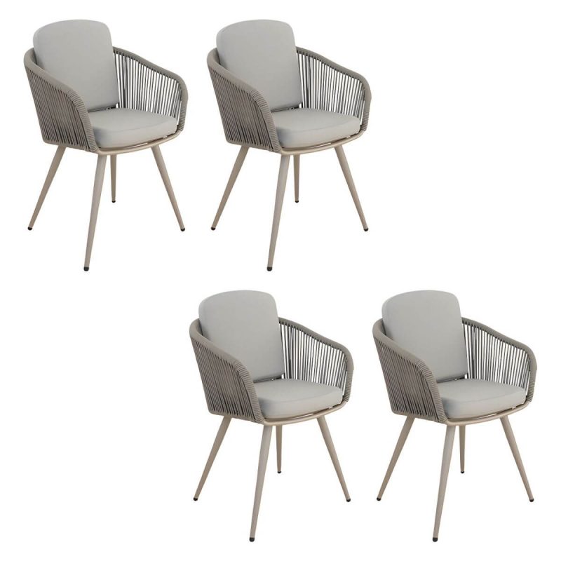 "Contemporary Cane Back Dining Arm Chair Braid Square for Outdoor - 4 Piece Set"