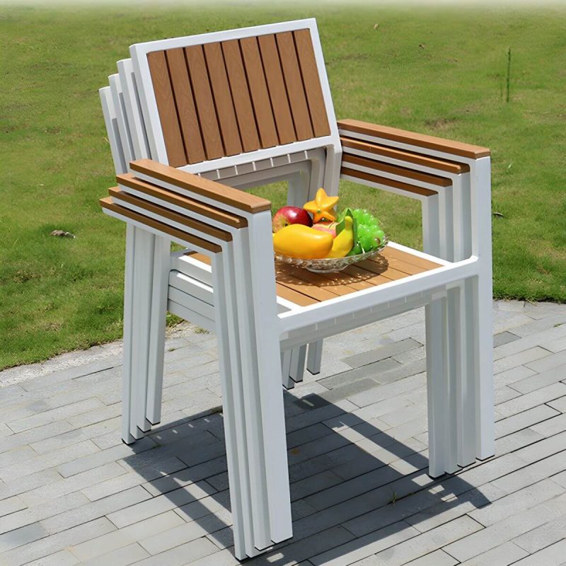 "Contemporary Stacking Metal Dining Armchair with Arm Patio Dining Armchair - Natural Finish 8 Piece Set"
