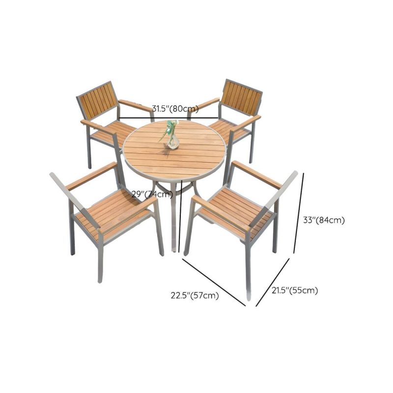 "Dimension of Brown Metal Wood 5-Piece Patio Dining Set with Rectangular Table and 4 Chairs - Natural Finish Table & 4 Chairs 31.5"L x 31.5"W x 29.1"H Round"
