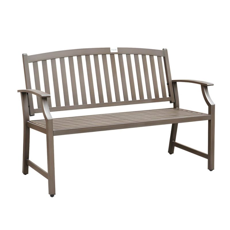 "Modern Metal Park Bench with Waterproof Durability, Water Resistant and Curved Arms - Dark Brown"