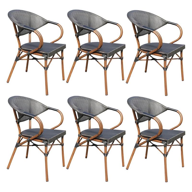 "Natural Metal Arm Chair with Stackable Design for Tropical Outdoor Dining - 6 Piece Set"