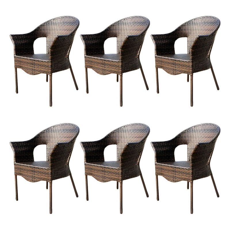 "Stackable Traditional Metal Arm Chair with Brown Wicker Back and Rust Resistant Aluminum Frame - 6 Piece Set"