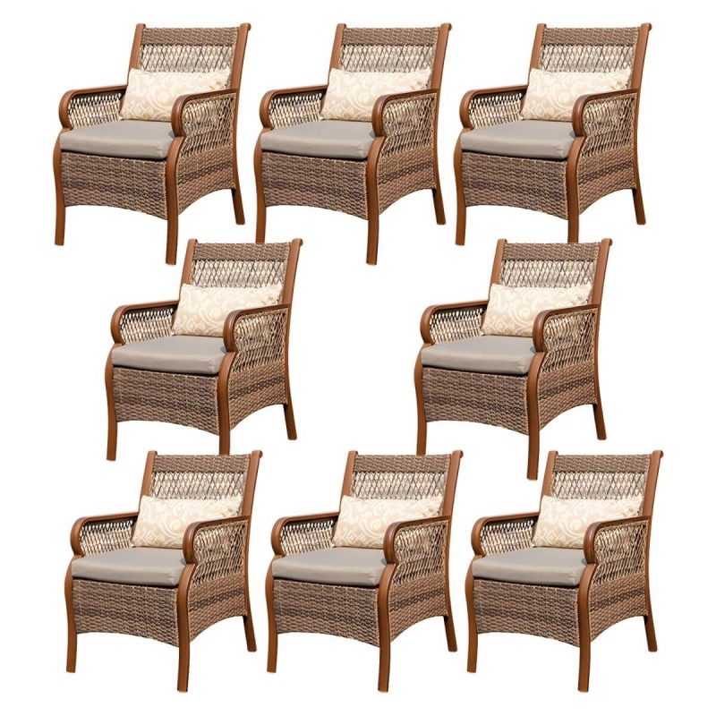 "Traditional Brown Wicker Arm Chair with Metal Legs for Patio Dining - Rust Resistant - 8 Piece Set"