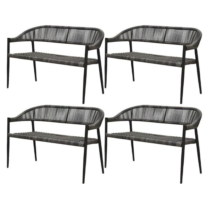 "Contemporary Metal Frame Outdoor Dining Chair Set in Black with Arms - 47"L x 23"W x 31"H 4 Piece Set"