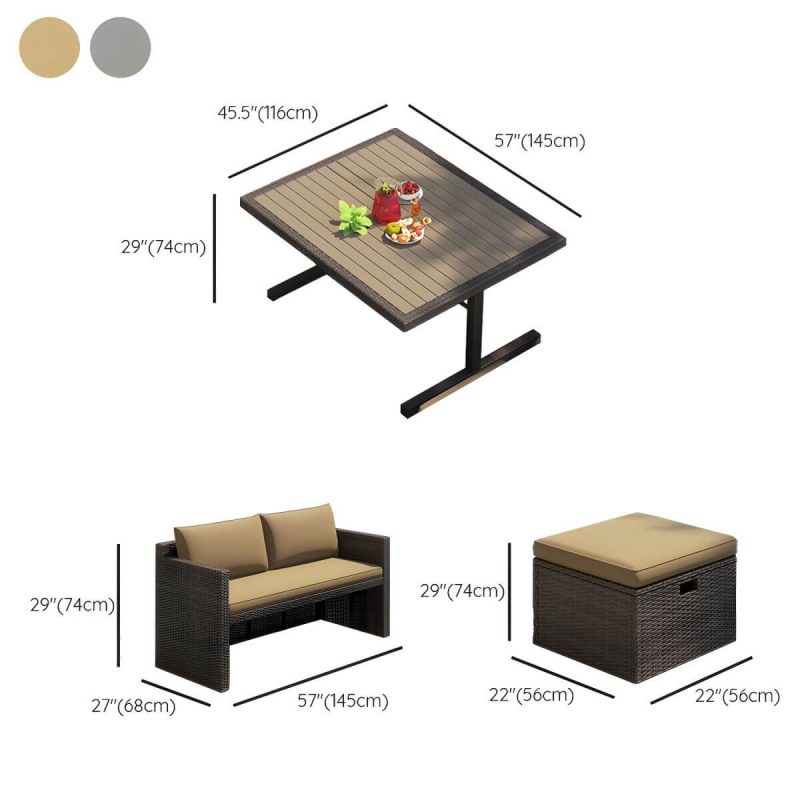 "Dimension of Modern UV Resistant White Patio Dining Set with Upholstered Chairs and Removable Cushions - Grey Wood Table & 2 Chairs & 4 Benches 57"L x 46"W x 29"H"