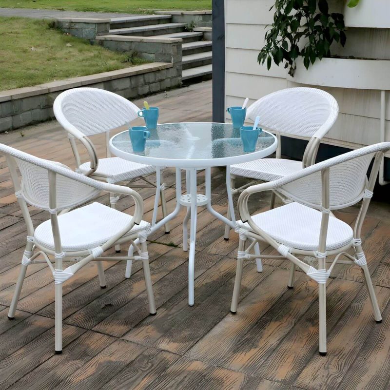 "Traditional Arm Cane Back Dining Chair Stackable for Outdoor - Gloss White 4 Piece Set"