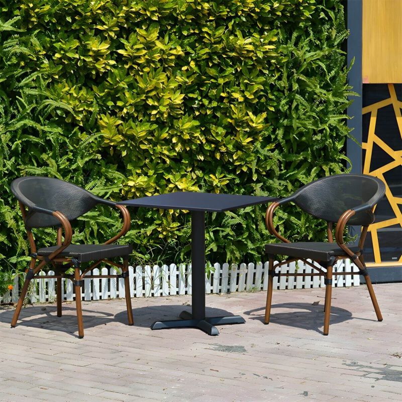 "Modern Brown Wicker/Rattan Patio Dining Set with Stackable Chairs, Metal Table Base - Table & Chair(s) 28"L x 28"W x 29"H 2"