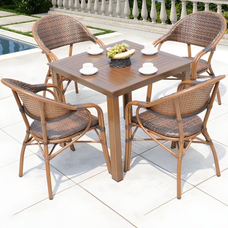 "Traditional Brown Metal Patio Dining Set with Rectangular Table - Table & 4 Chairs 31.5"L x 31.5"W x 28.3"H"