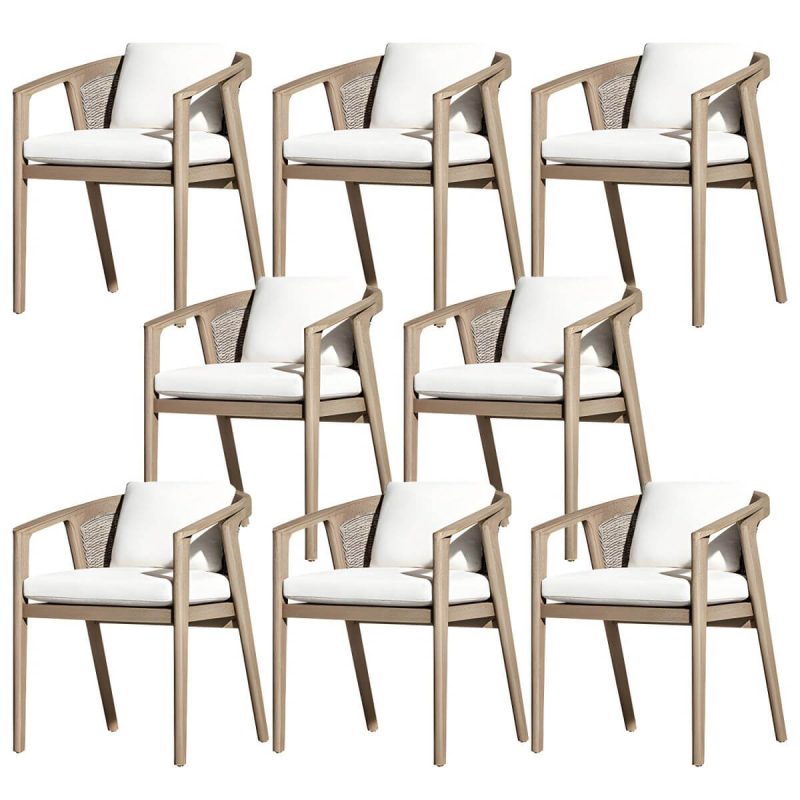 "Modern Brown Wood Side Chair with Wicker Back and Beige Cushions - 8 Piece Set With Arms"