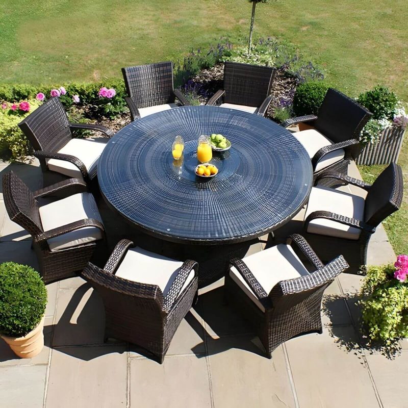 "Glass Brown Dining Table Set with Rattan Chairs for Courtyard - Table & Chair(s) 63"L x 63"W x 28"H 8 Coffee"