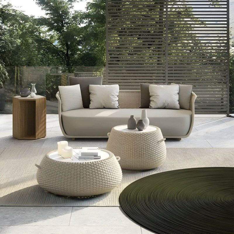 "Waterproof Wicker/Rattan Modern Sofa with Upholstered Cushions and Pillows - Teak Frame - Apricot 3-Seater Sofa"
