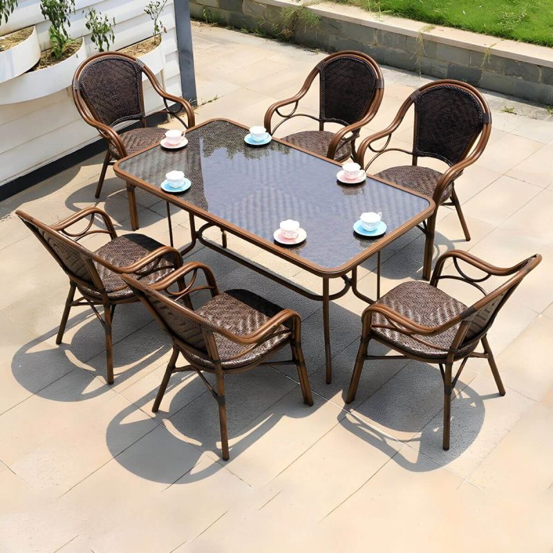 "Modern Brown Glass Top Patio Table Set Metal 4 Legs for Outdoor - Table & Chair(s) 59.1"L x 35.4"W x 29.5"H 6"
