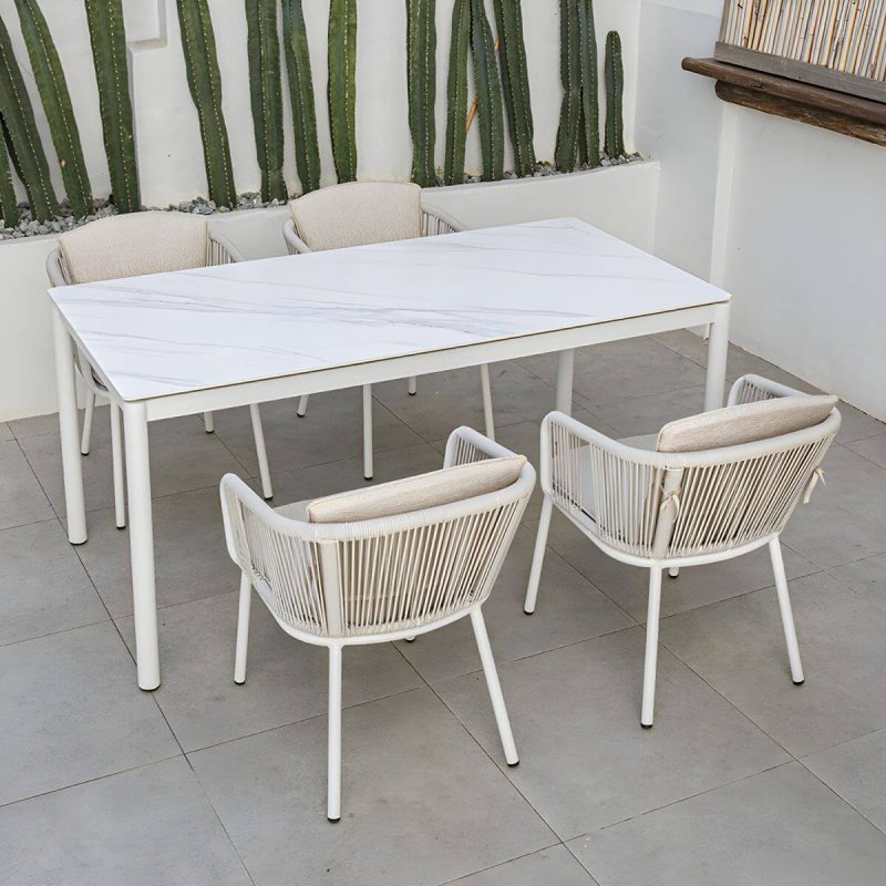 "Modern Rectangle Stone Top Patio Table Set Metal 4 Legs for Outdoor - Table & Chair(s) 63"L x 31.5"W x 29.5"H 4"