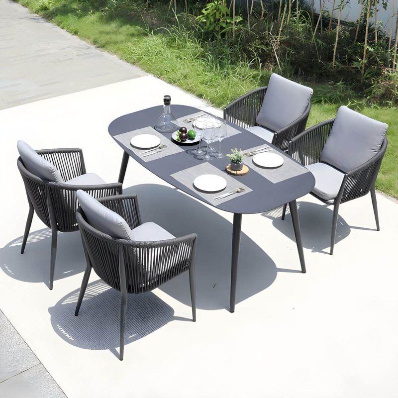 "Contemporary Dining Table Set with Woven Chairs for Courtyard - Table & Chair(s) 160 x 90 x 74 cm 4"