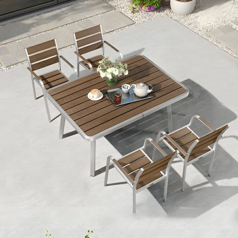 "Stylish Mid-Century Brown Patio Dining Ensemble with Manufactured Wood Tabletop - Table & 4 Chairs 59"L x 39"W x 30"H"