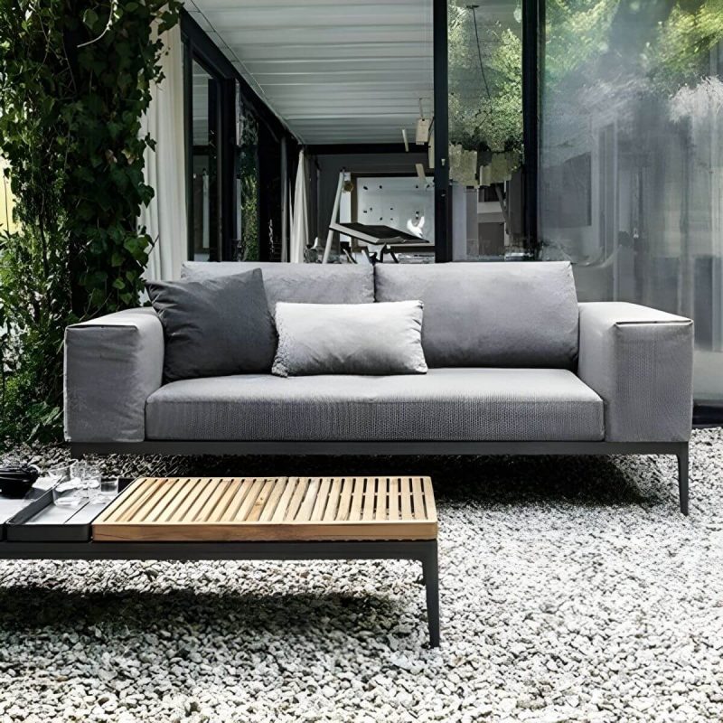 "Fade Resistant Black Metal Framed Patio Sofa with Cushions & Pillow (Modern Gray) - 2-Seater Corner Sofa"